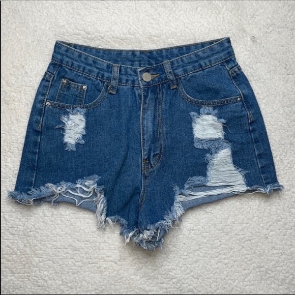 Shein Short Jeans Ripped Distressed High waist Sold Out Raw Hem Ripped - Picture 1 of 8